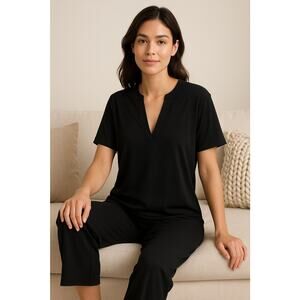 Natori Breeze Pajama Top Small Black V Neck Short Sleeve Lounge Shirt New